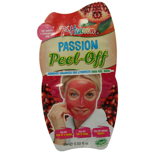 Montagne 7th Heaven passion peel-off face mask in a 10ml tube, showing the colorful packaging and product label.