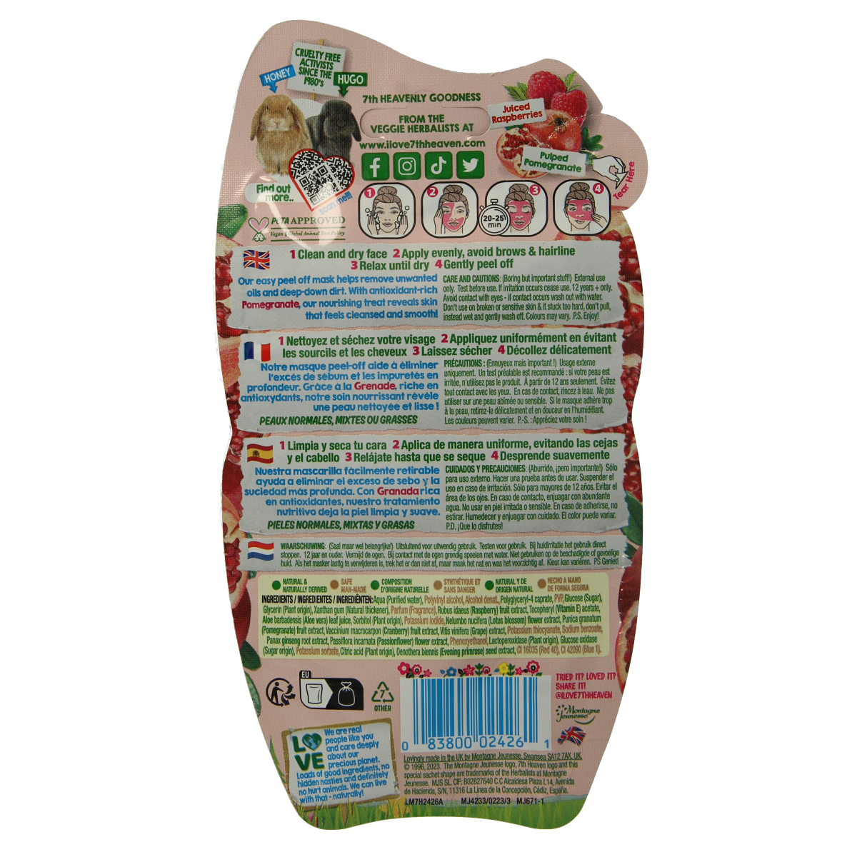 Montagne 7th Heaven passion peel-off face mask in 10ml, showcasing the vibrant packaging and product details for skincare.