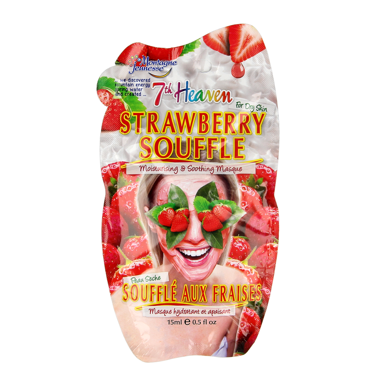 Montagne 7th Heaven strawberry souffle face mask in 15ml jar, nourishing skincare with fresh strawberry scent.