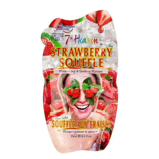 Montagne 7th Heaven strawberry souffle face mask in 15ml jar, nourishing skincare with fresh strawberry scent.