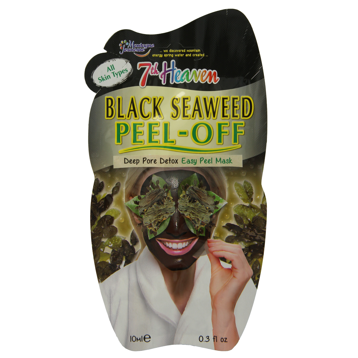 Montagne 7th Heaven black seaweed face mask in 10ml tube, designed for facial skincare and deep cleansing.