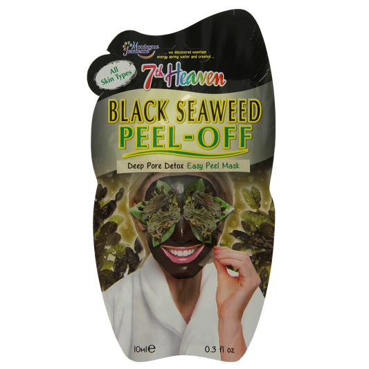 Montagne 7th Heaven black seaweed face mask in 10ml tube, designed for facial skincare and deep cleansing.