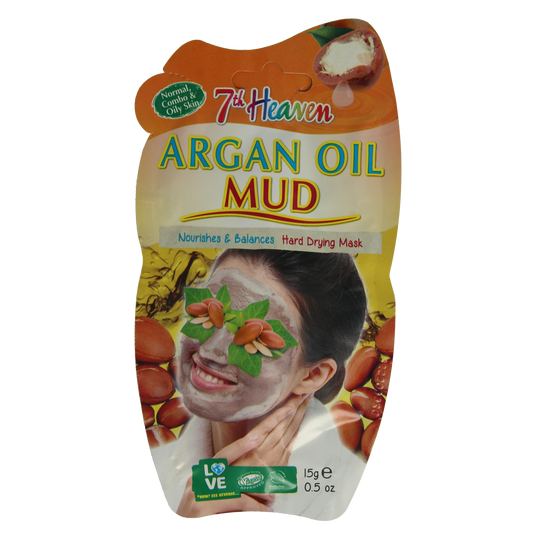 Montagne 7th Heaven argan oil mud face mask in 15g container, facial skincare product with natural ingredients.