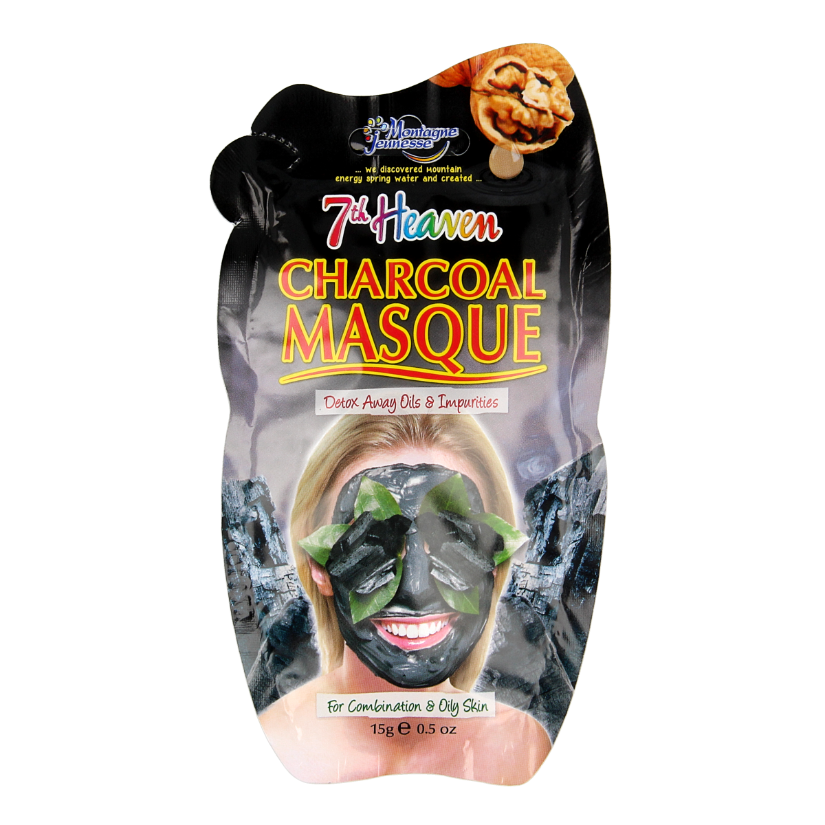 Montagne 7th Heaven charcoal face mask, single sachet for facial skincare, black mask with charcoal ingredients.
