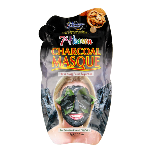 Montagne 7th Heaven charcoal face mask, single sachet for facial skincare, black mask with charcoal ingredients.
