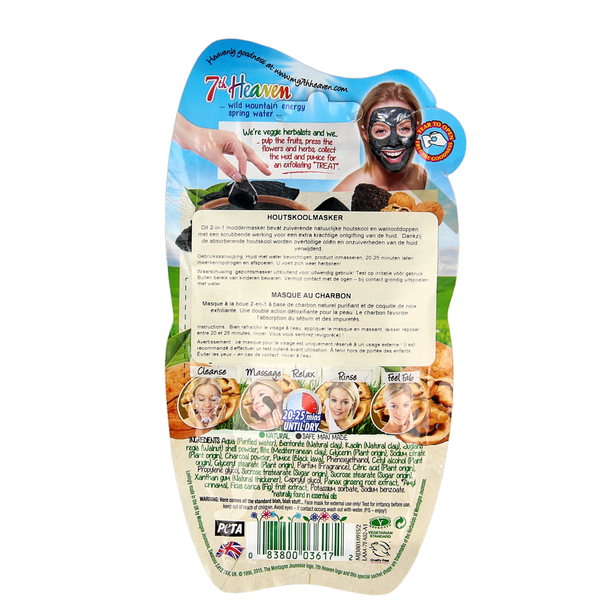 Montagne 7th Heaven charcoal face mask in a single packet, perfect for deep cleansing and skin detox.