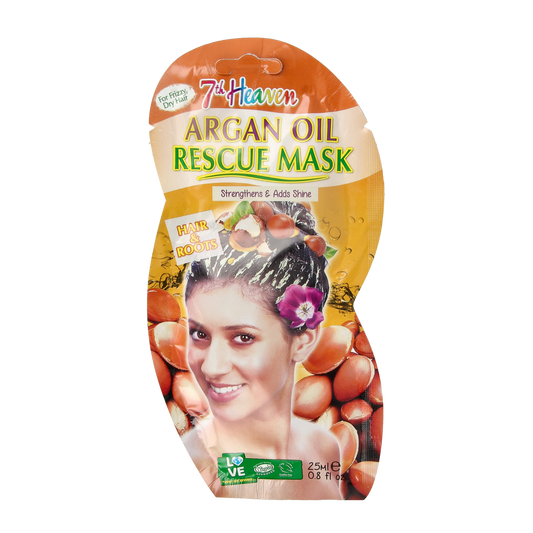 Montagne 7th Heaven hair rescue masque with argan oil, 25ml, nourishing hair treatment in a small jar.