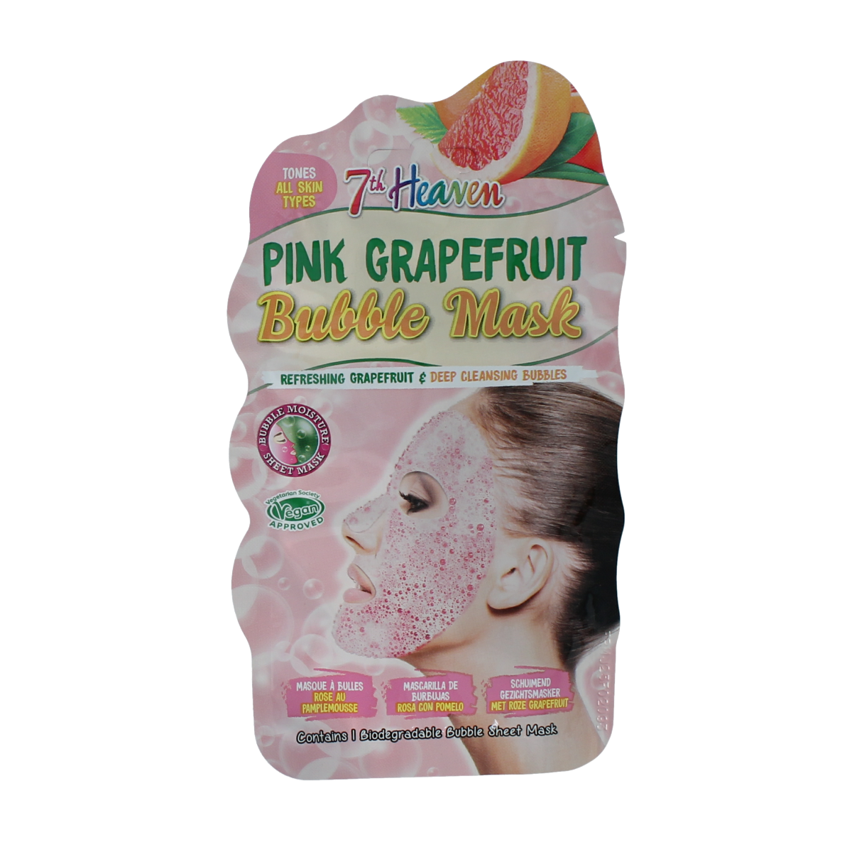 Montagne 7th Heaven pink grapefruit bubble sheet face mask for facial skincare, shown in the image.