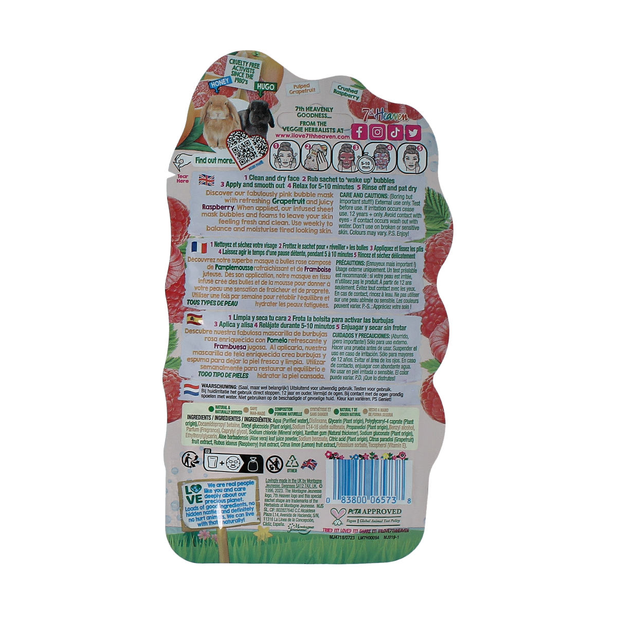 Montagne 7th Heaven pink grapefruit face mask sheet for glowing skincare, shown as a bubble sheet in the image.