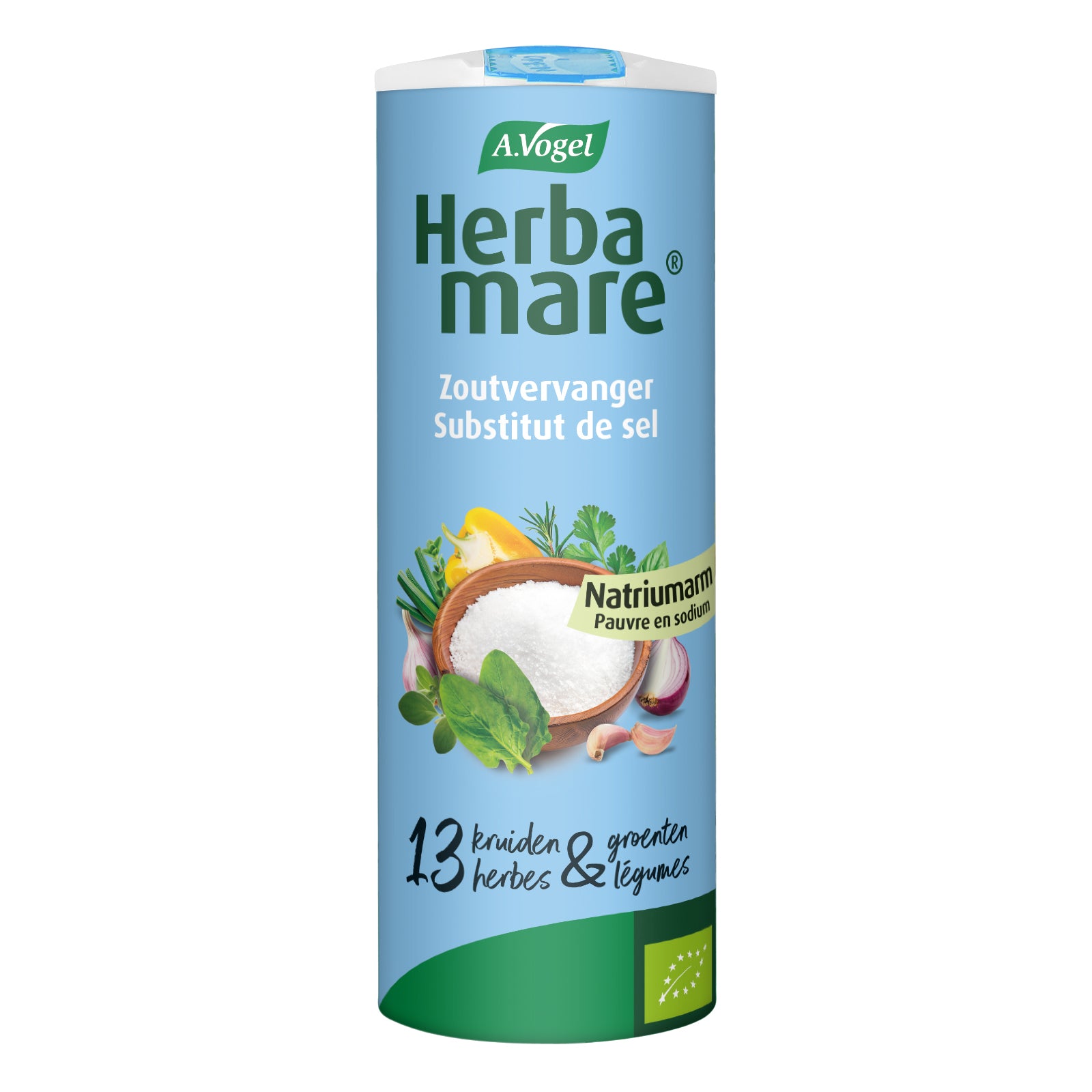 A Vogel Herbamare low-sodium organic herb and salt seasoning mix in a 125g packet, featuring herbs and sea salt.