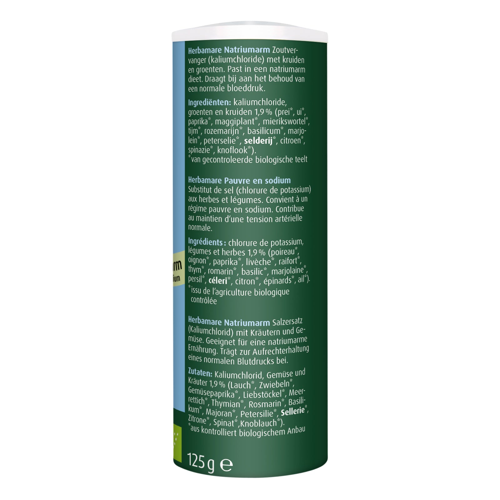 A Vogel Herbamare diet salt with herbs, sodium-reduced, organic, 125g, in a clear jar showing mixed herbs and salt.