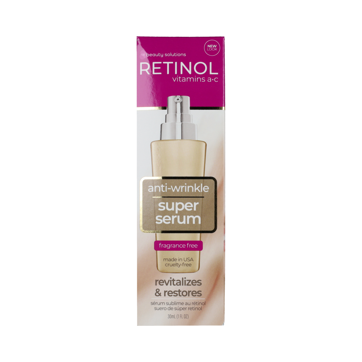Retinol Super Serum 30ml in a sleek bottle, a facial skincare product from Retinol brand for anti-aging and skin renewal.