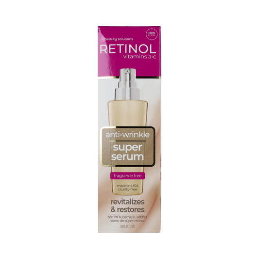 Retinol Super Serum 30ml in a sleek bottle, a facial skincare product from Retinol brand for anti-aging and skin renewal.