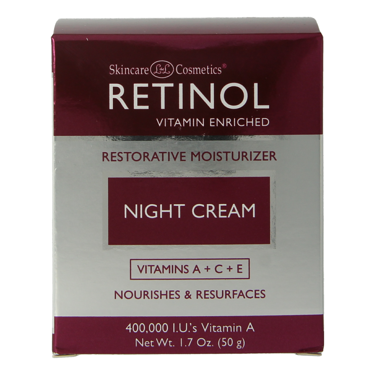 Retinol night cream in 50g jar, facial skincare product with smooth, creamy texture and retinol ingredients for nighttime use.