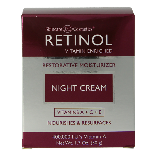 Retinol night cream in 50g jar, facial skincare product with smooth, creamy texture and retinol ingredients for nighttime use.