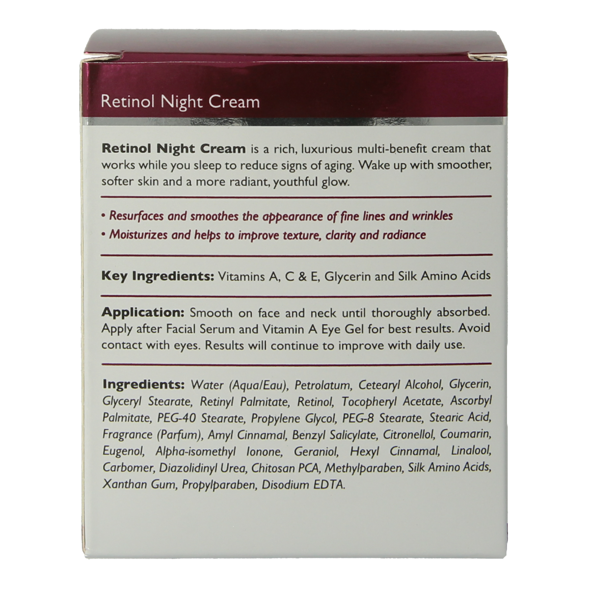 Retinol night cream in 50g jar, facial skincare product by Retinol, showing the cream's smooth texture in a sleek container.