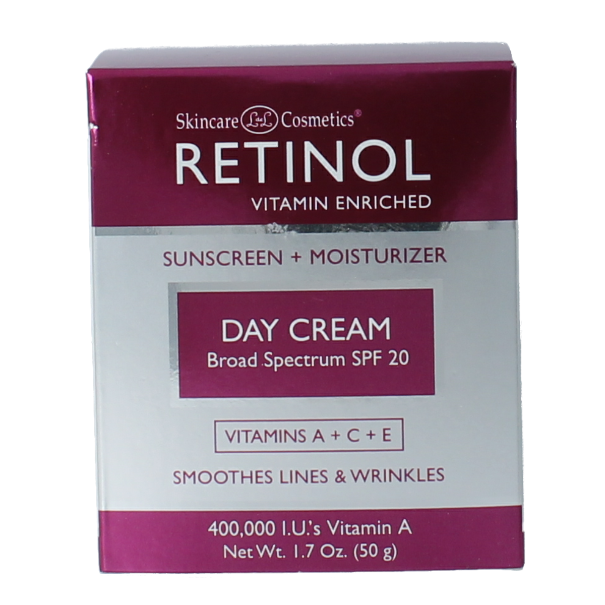 Retinol Day Cream SPF20 in 48g jar, facial skincare product with retinol for daily sun protection and skin nourishment.