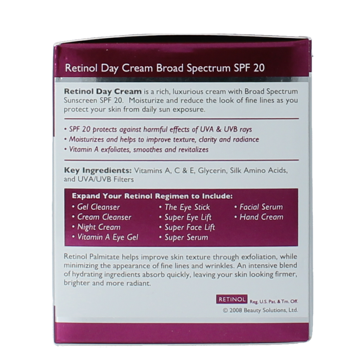 Retinol Day Cream SPF20 in 48g jar, hydrating facial moisturizer with retinol and sun protection for daily skincare.