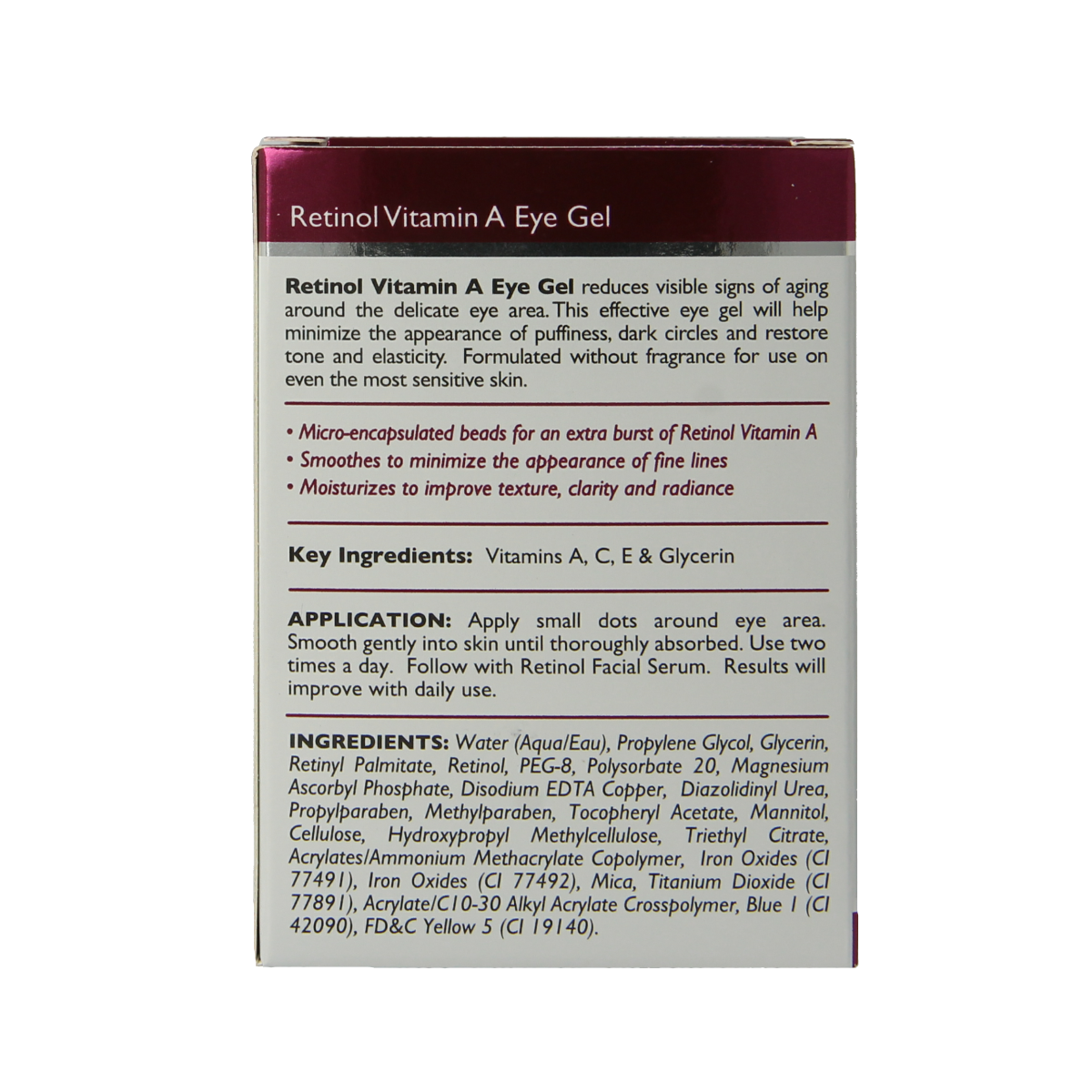 Retinol eye gel in 14g jar, designed for eye care, with a smooth gel texture and retinol branding, visible on the packaging.