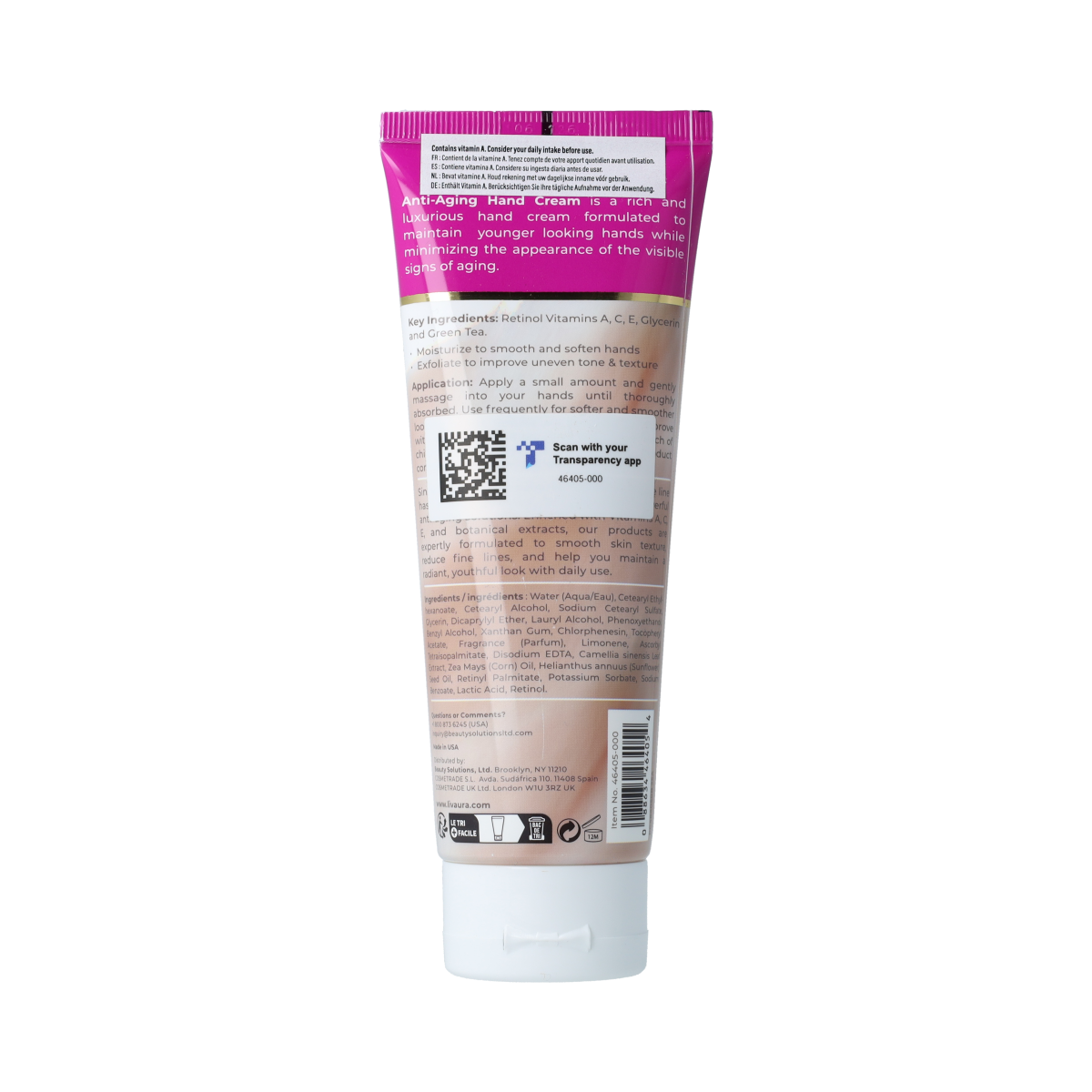 Retinol anti-aging hand cream with SPF12 in a 100g tube, featuring smooth texture and nourishing ingredients for hand skincare.