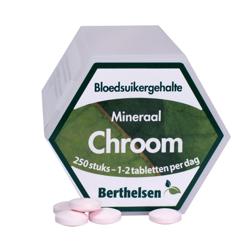 Berthelsen mineral supplement Picolinaat 62.5mcg in a bottle of 250 tablets, showing the tablets and packaging.