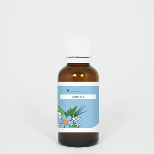 Balancepharma Infla Dento Drain Dentotox herbal remedy in a 30ml bottle, used for dental health and inflammation relief.