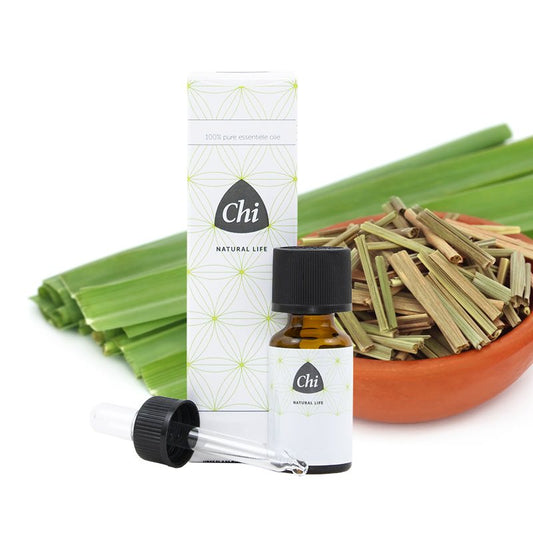 Chi Lemongrass essential oil bottle, 10ml, featuring clear label, amber glass container, and dropper cap for natural aromatic use.