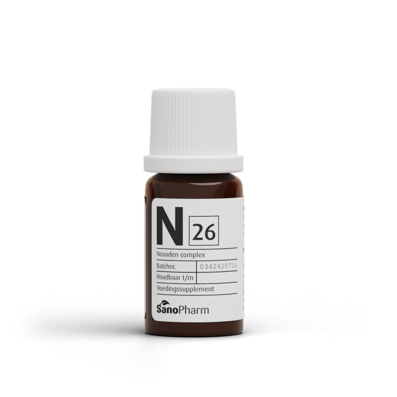 SanoPharm N Complex 26 herbal supplement bottle, 10ml, featuring colorful label with herbal ingredients and product details.