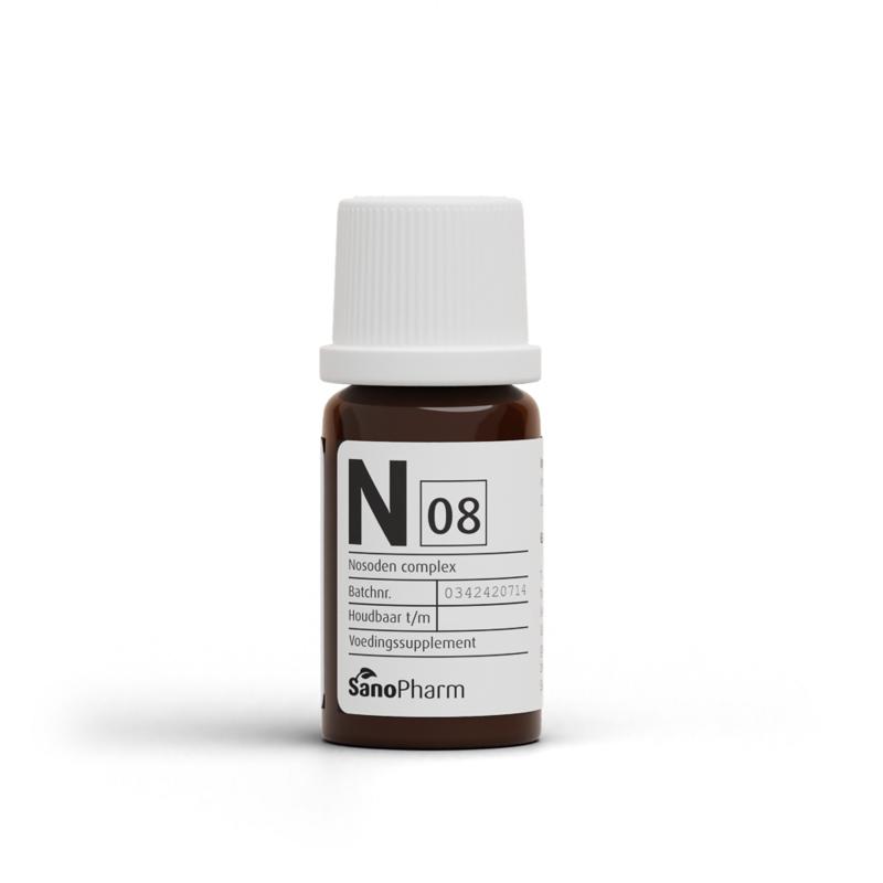 SanoPharm N Complex 8 herbal supplement in a 10ml bottle, featuring natural herbal ingredients for wellness.