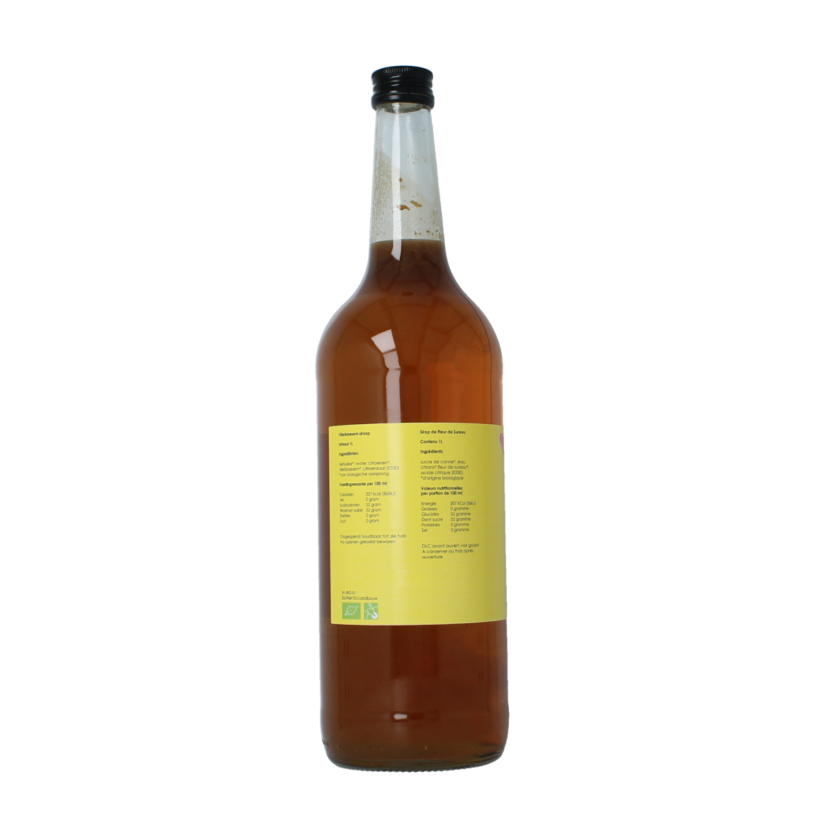 Saru Soda Siroop vlier bio Demeter, 1 liter bottle of organic elderberry syrup for beverages and drinks.