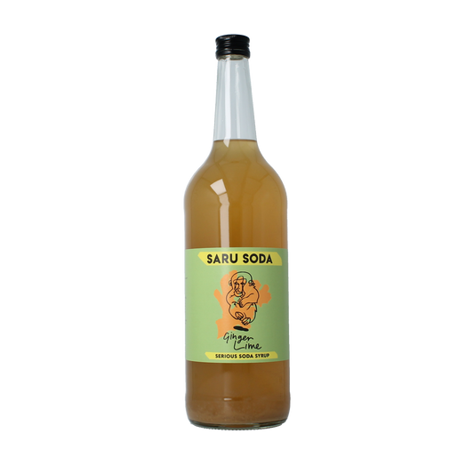 Saru Soda ginger lime bio demeter soda in 1 liter bottle, refreshing drink with natural ginger and lime flavor.