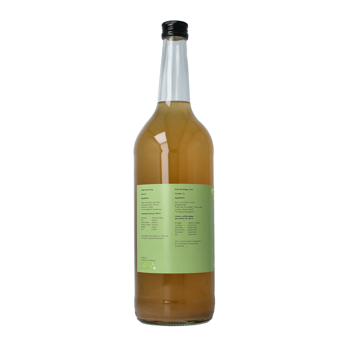 Saru Soda ginger lime bio Demeter soda bottle, 1 liter, featuring fresh ginger and lime flavors in a clear glass bottle.