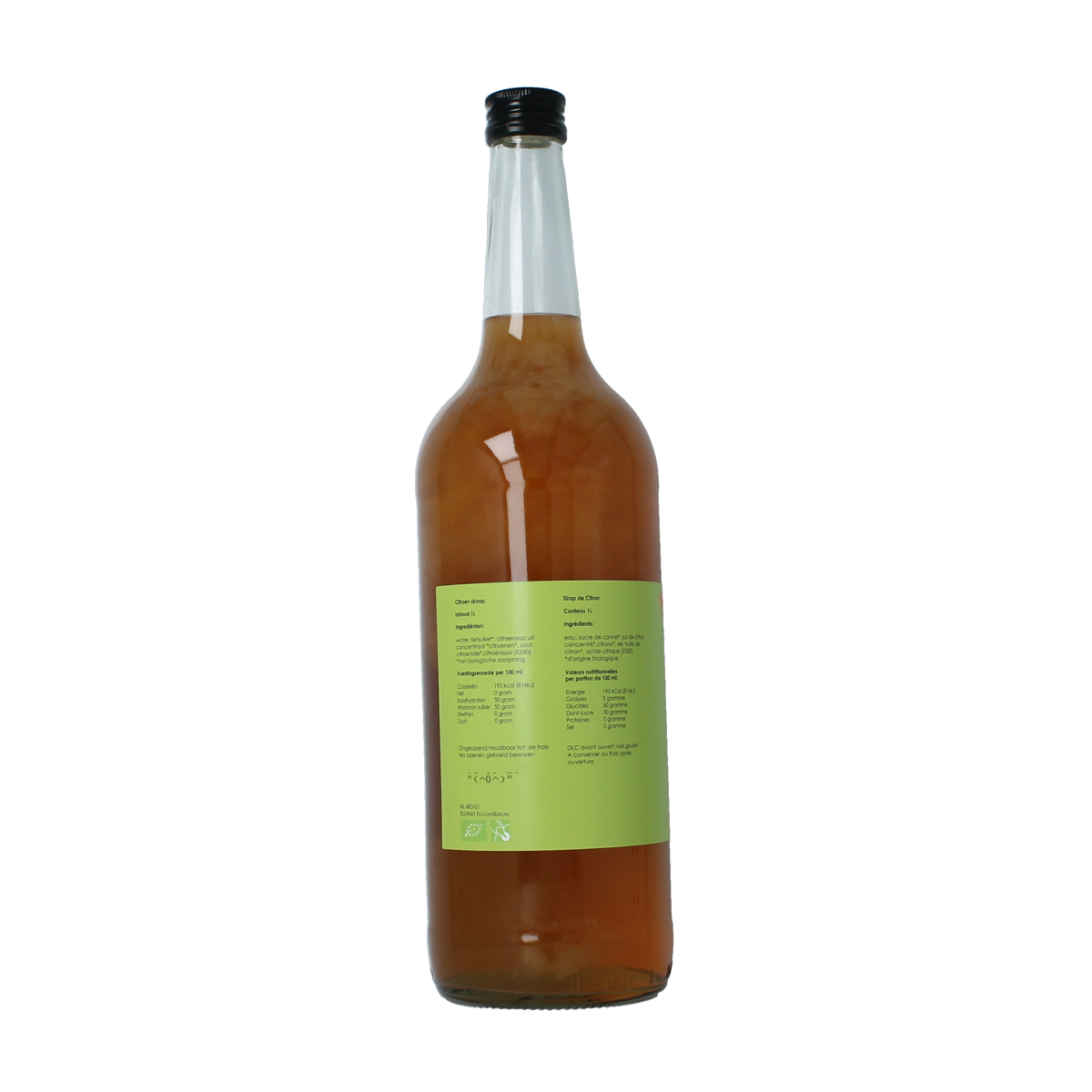 Saru Soda citroen bio Demeter sap, 1 liter bottle of natural lemon-flavored drink in clear plastic bottle.