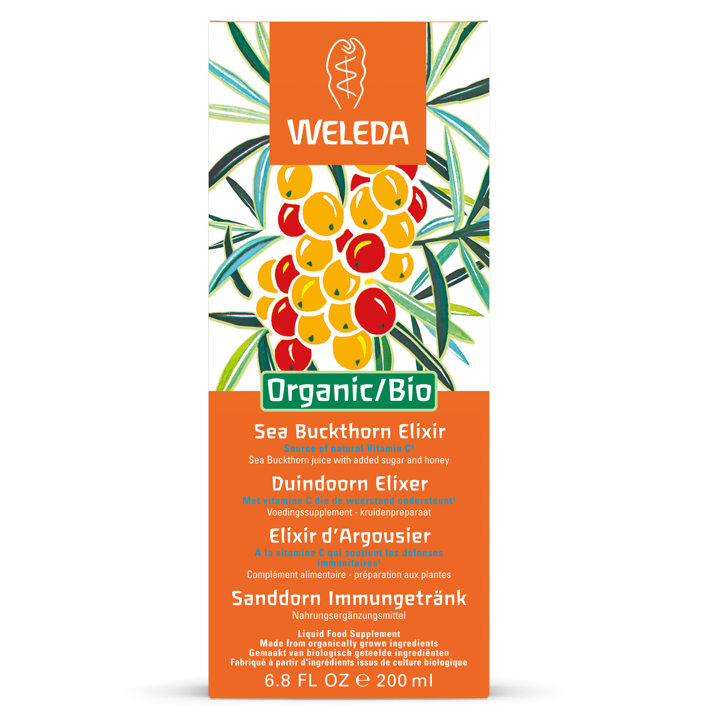 Weleda Duindoorn bio elixir in a 200ml bottle, herbal supplement with orange-colored liquid, labeled as Kruidenpreparaten.