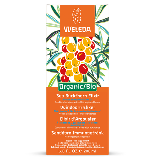 Weleda Duindoorn bio elixir in a 200ml bottle, herbal supplement with orange-colored liquid, labeled as Kruidenpreparaten.