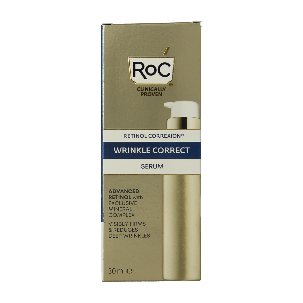 ROC Retinol Correxion wrinkle correct serum in a 30ml bottle, facial skincare product for reducing wrinkles and improving skin.