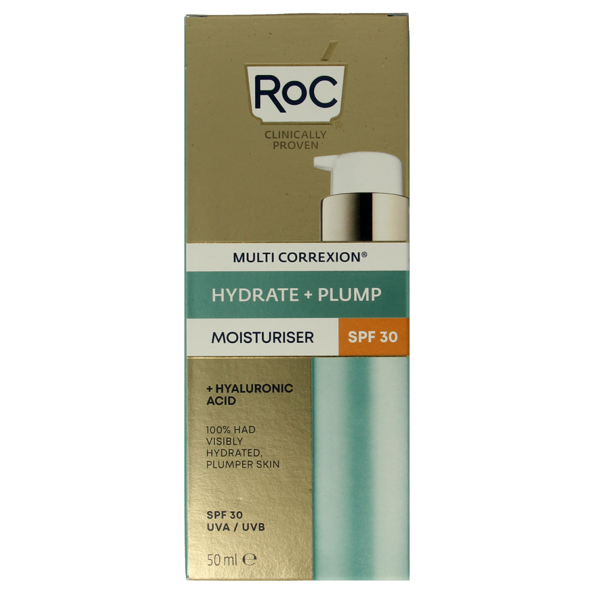 ROC Multi CorreXion hydrate+plump moisturizer with SPF30 in 50ml jar, featuring a smooth, hydrating face cream for daily skincare.