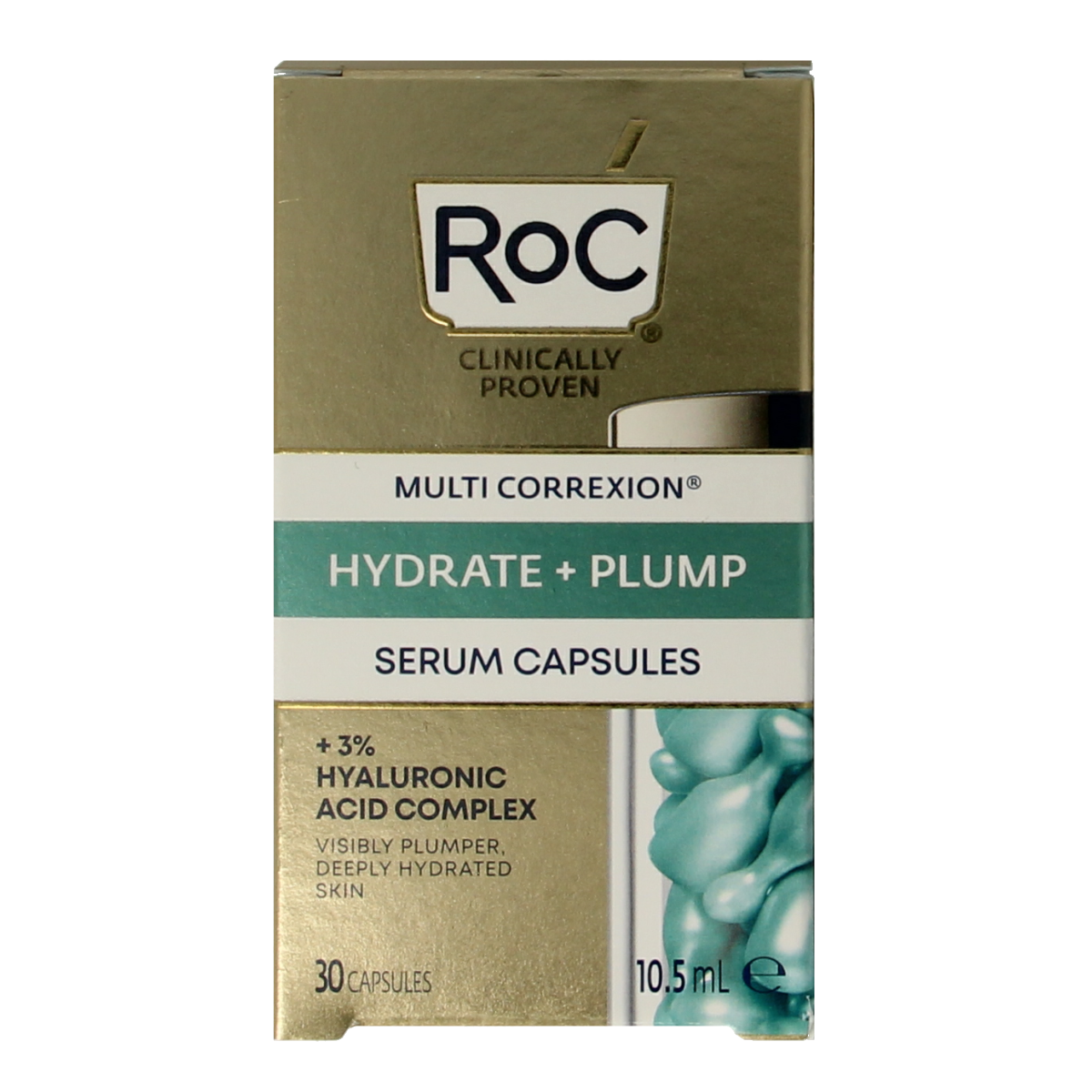 ROC Multi CorreXion hydrate and plump serum capsules for face, 30-piece skincare treatment in sleek capsules.