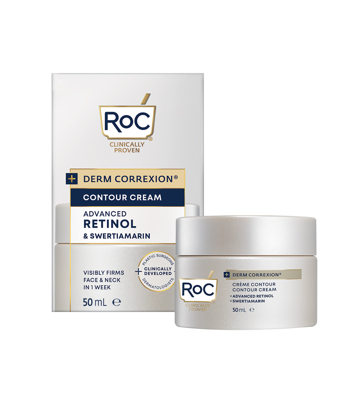ROC Derm Correxion contour cream in a 50ml jar, designed for facial skin care, with a smooth, creamy texture and a sleek container.