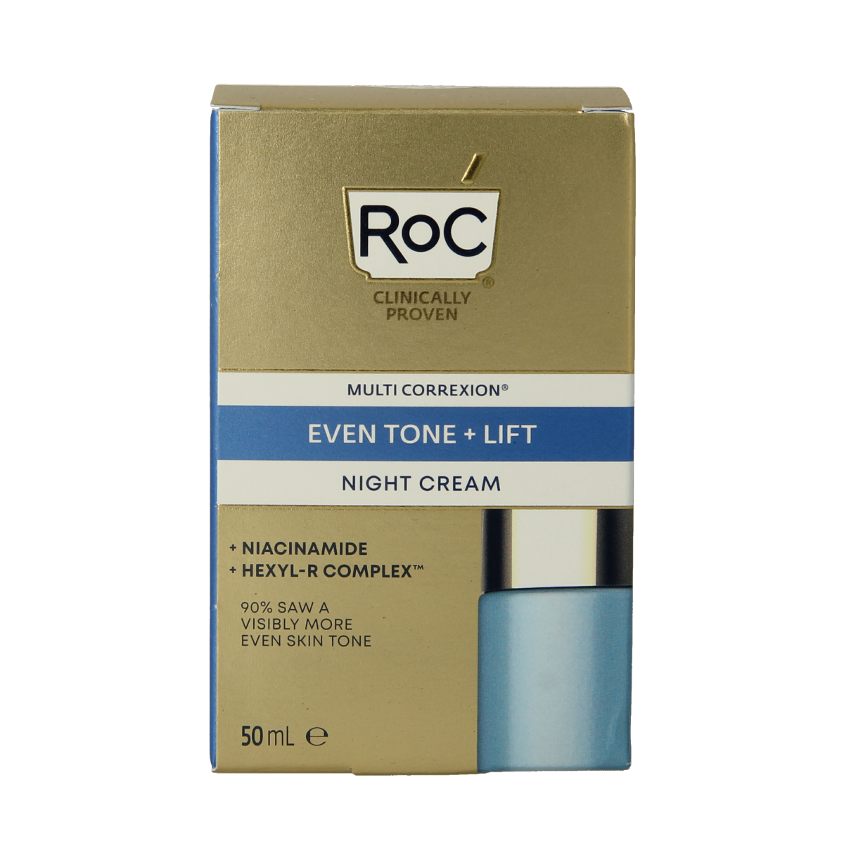 ROC Multi CorreXion Even Tone + Lift Night Cream in 50ml jar, smooth facial skincare product with nourishing cream texture.