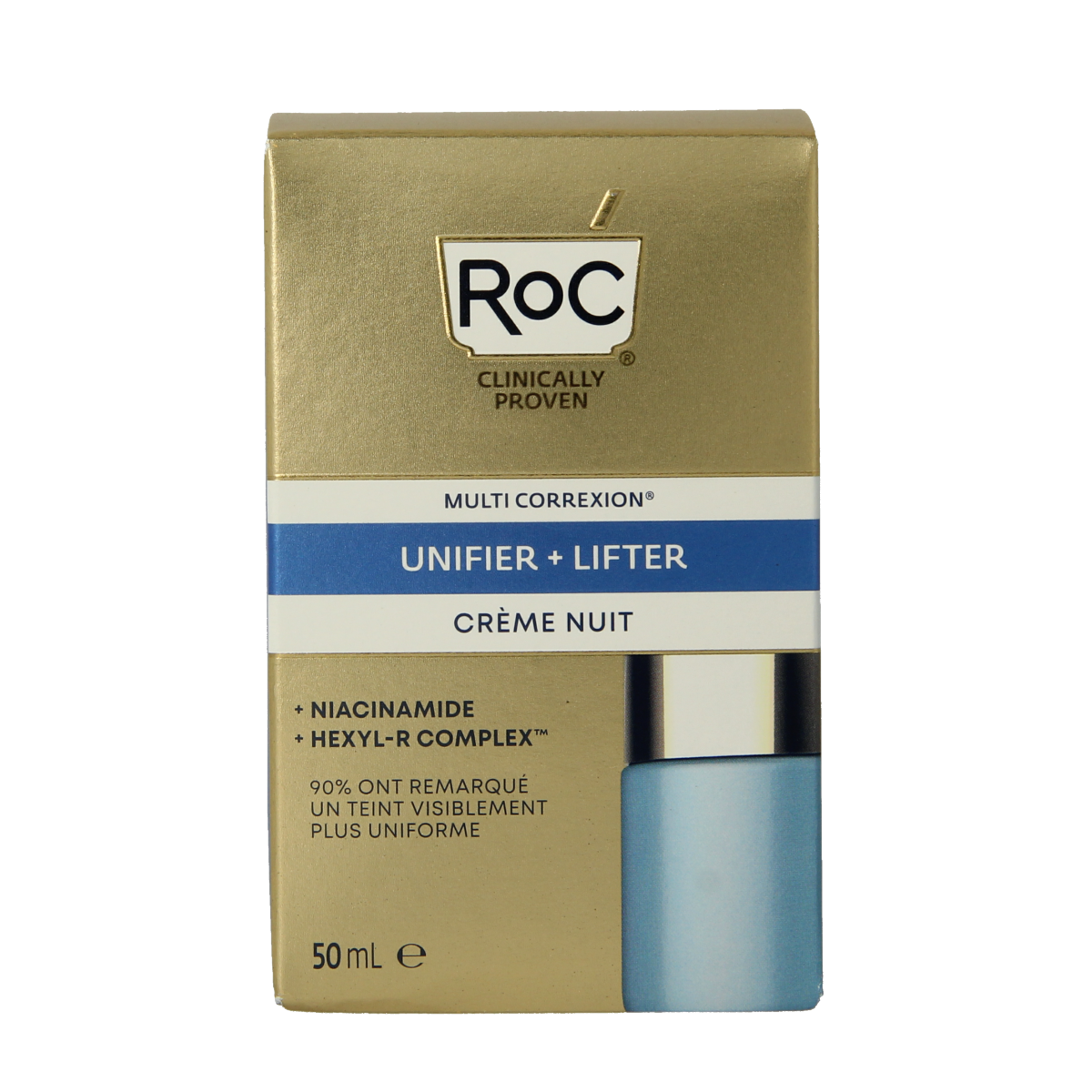 ROC Multi Correxion Even Tone+Lift night cream in a 50ml jar, facial skincare product for evening skin tone and lifting.