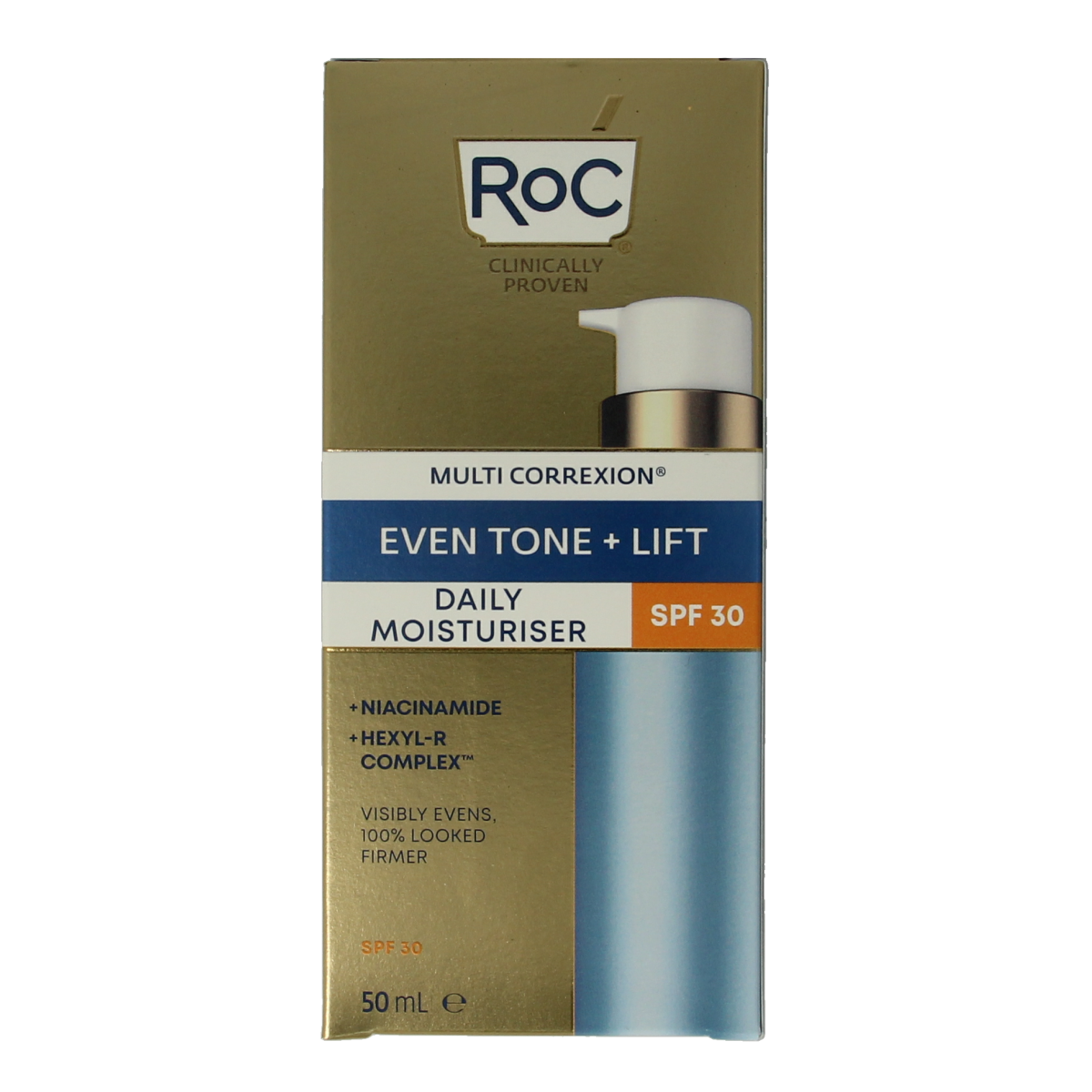 ROC Multi CorreXion Even Tone + Lift daily moisturizer with SPF30 in a 50ml tube, featuring a sleek packaging design.
