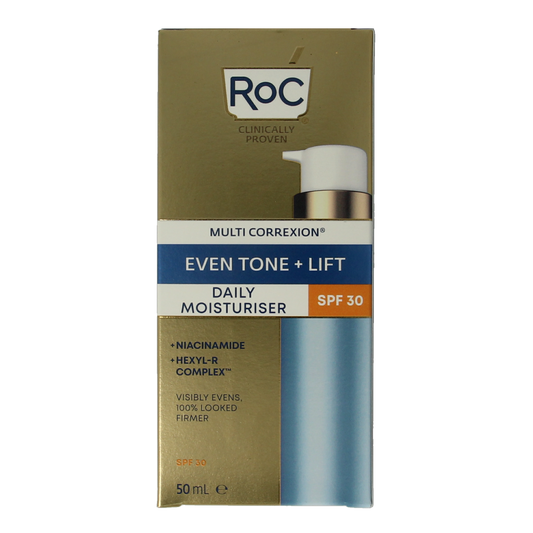 ROC Multi CorreXion Even Tone + Lift daily moisturizer with SPF30 in a 50ml tube, featuring a sleek packaging design.