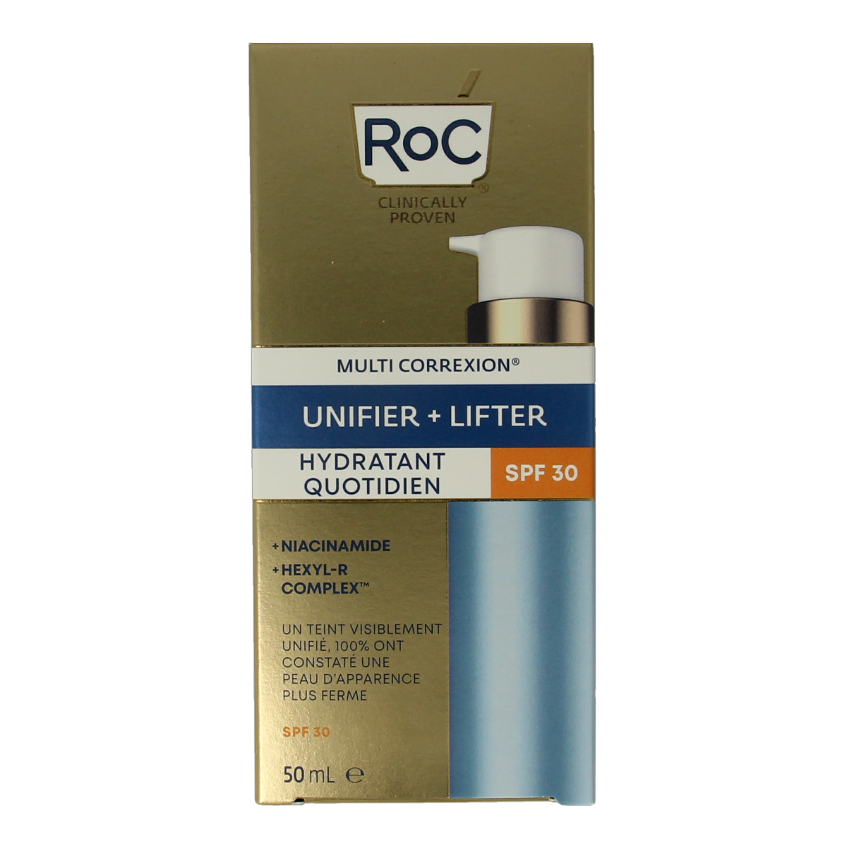 ROC Multi Correxion Even Tone+Lift daily moisturizer with SPF30, 50ml, showing the cream in a jar with a smooth, light texture