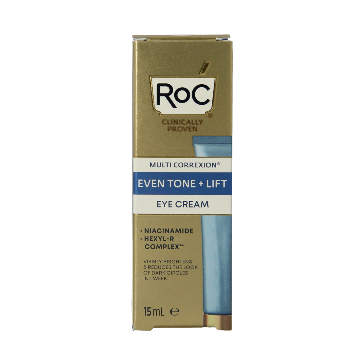 ROC Multi CorreXion Even Tone + Lift eye cream in 15ml jar, designed for eye area skincare and brightening.