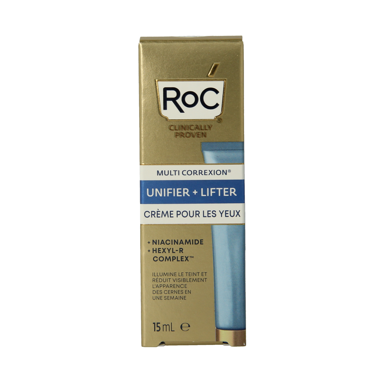 ROC Multi CorreXion Even Tone + Lift Eye Cream jar showing 15ml of eye care product for brightening and lifting the eye area