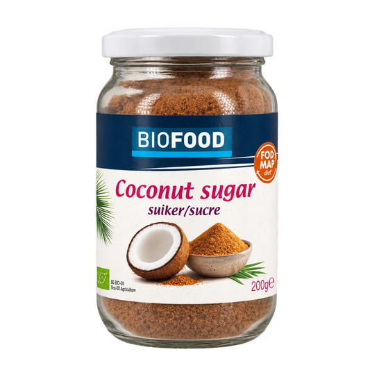 Biofood Coconut Sugar bio, 200g, natural sweetener with granulated brown coconut sugar on a white background.