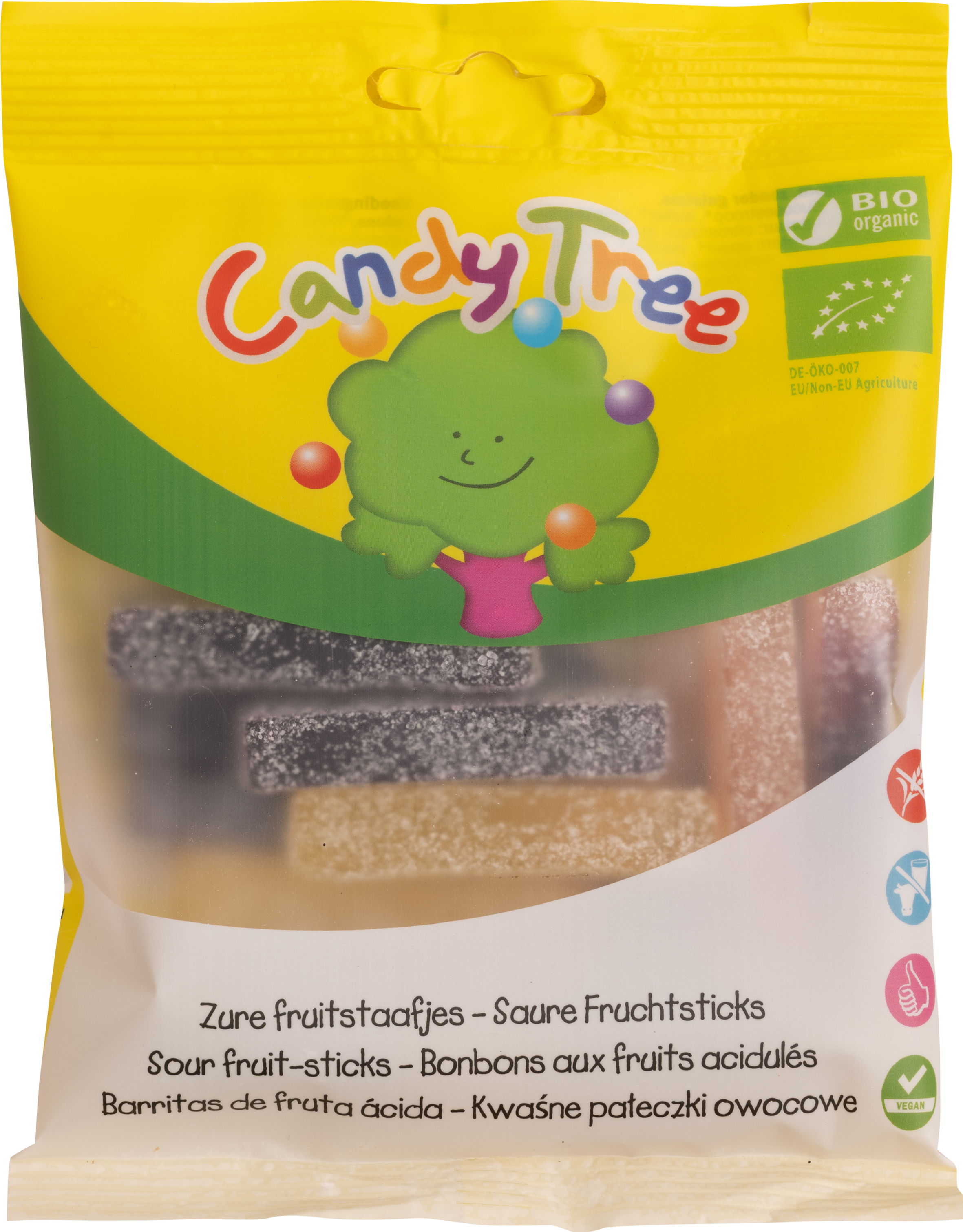 Candy Tree Zure fruitstaafjes, 100g, sour fruit sticks in colorful packaging, a popular candy snack.