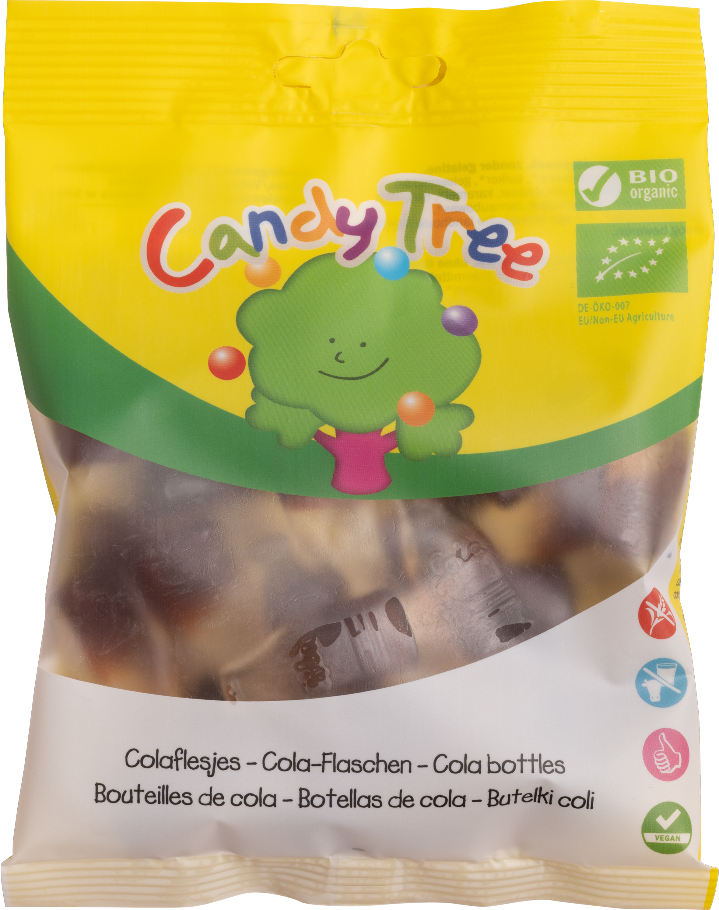 Candy Tree bio colaflesjes, 100g, colorful chewy candy with cola flavor, shown in a clear package.