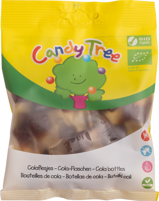 Candy Tree bio colaflesjes, 100g, colorful chewy candy with cola flavor, shown in a clear package.
